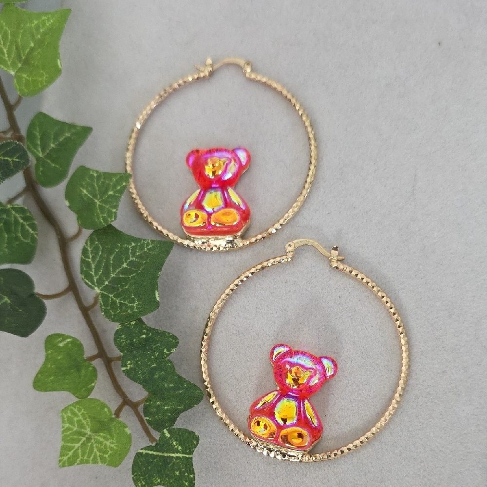 Gold Filled Hoop Earrings with Pink Iridescent Teddy Bear 2"